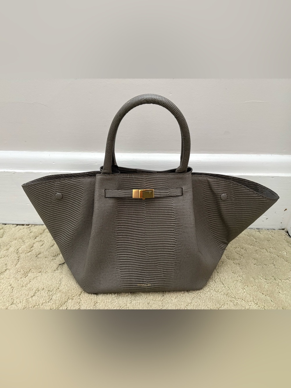 DeMellier The Midi New York Embossed Lizard Gray Tote with Gold Hardware